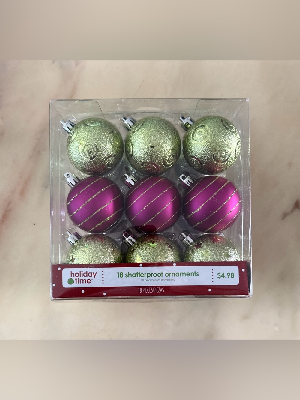 Holiday Time Green and Pink Shatterproof Holiday Ball Ornaments
